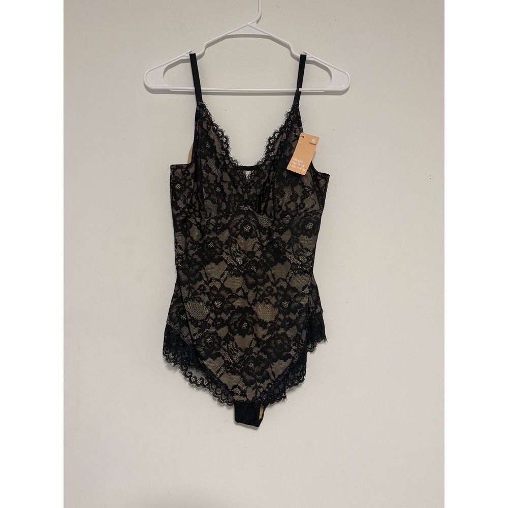 Popilush Black Lace Shapewear Bodysuit Nude Lining V-Neck XL NWT